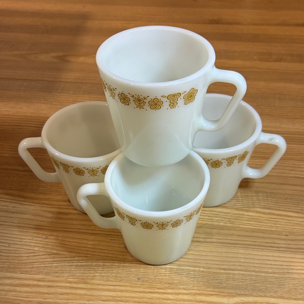 Pyrex White Milk Glass Mugs with Gold Floral Band - Set of 4